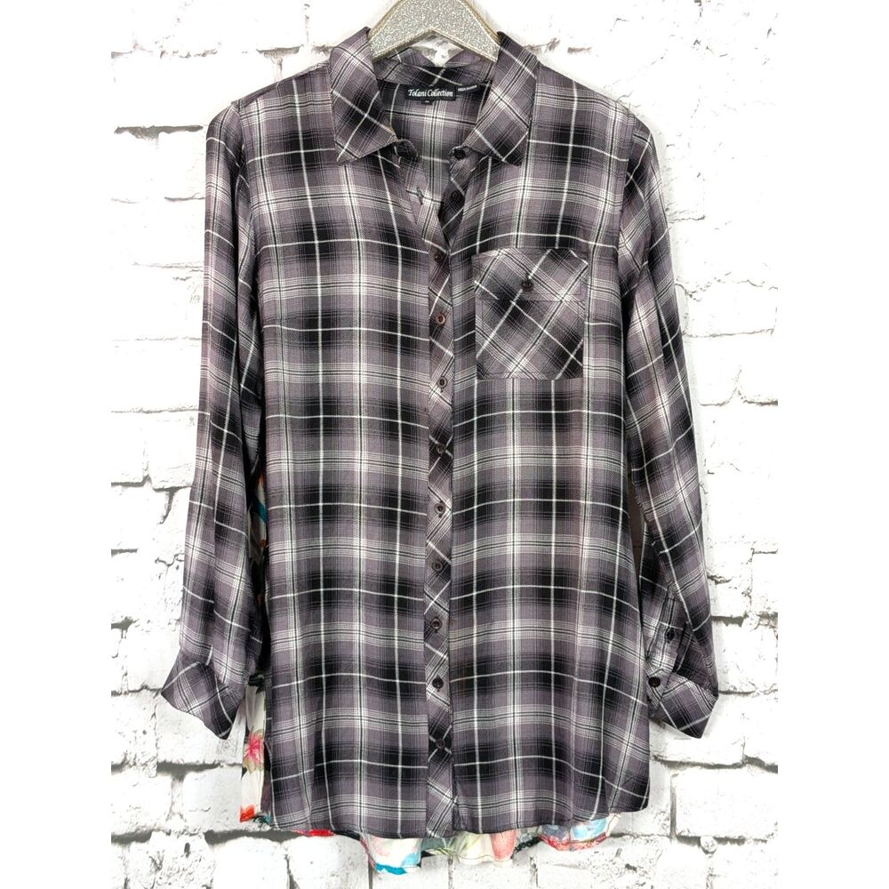 TOLANI COLLECTION Plaid Floral Tunic Shirt Pockets Artsy Bohemian Medium
